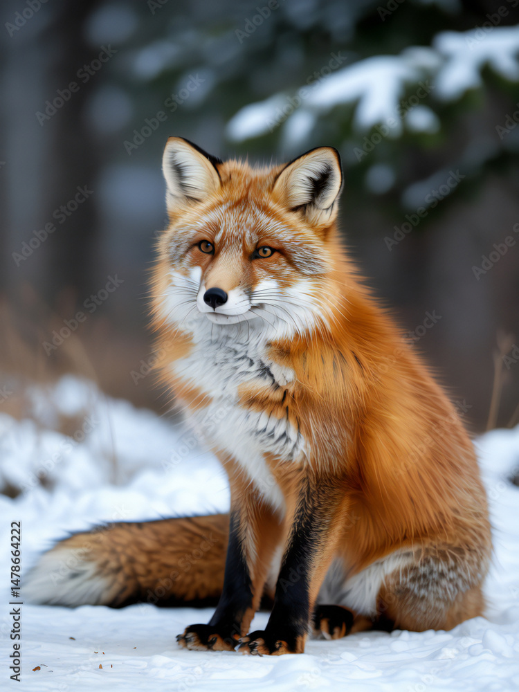 Fototapeta premium Majestic Red Fox Sitting in Snowy Winter Forest Habitat