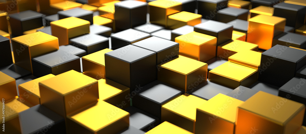 Close-up view of an abstract surface composed of gleaming gold and dark grey metallic cubes arranged at varying heights, creating a dynamic and textured background Close-up view of an abstract surface composed of gleaming gold and dark grey metallic cubes arranged at varying heights, creating a dynamic and textured background
