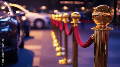 Gold support posts with red velvet textile fabric rope fencing, access control, vip only at an exhibition of expensive super luxury cars.