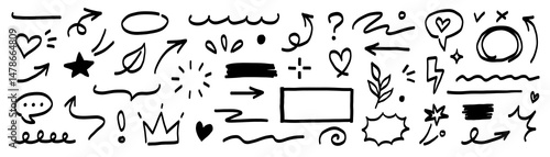 Hand marker line icon brush element set. Hand drawn marker sketch style underline, arrow, heart shape. Doodle crown, heart, pointer and symbol element for business infographic. Vector illustration