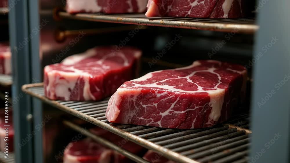 A selection of marbled beef steaks stored on grill grates, showcasing their rich texture and color. A selection of marbled beef steaks stored on grill grates, showcasing their rich texture and color.