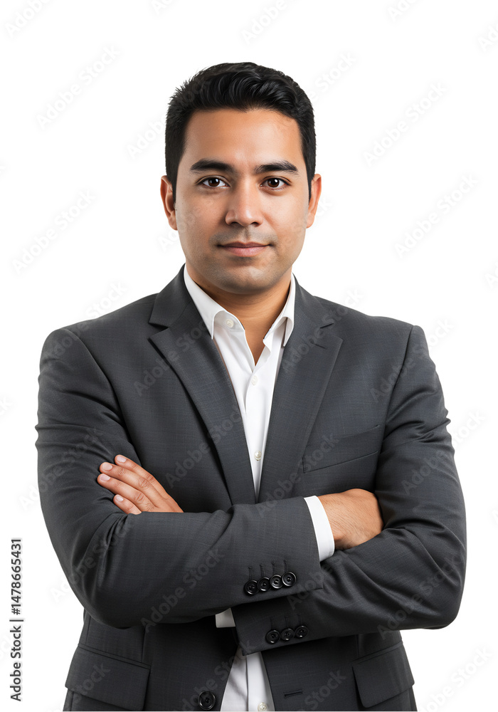Headshot portrait of a smiling Latin businessman or employee with dark hair, wearing a dark suit and white shirt, arms crossed. Confident and professional profile. Transparent background Headshot portrait of a smiling Latin businessman or employee with dark hair, wearing a dark suit and white shirt, arms crossed. Confident and professional profile. Transparent background