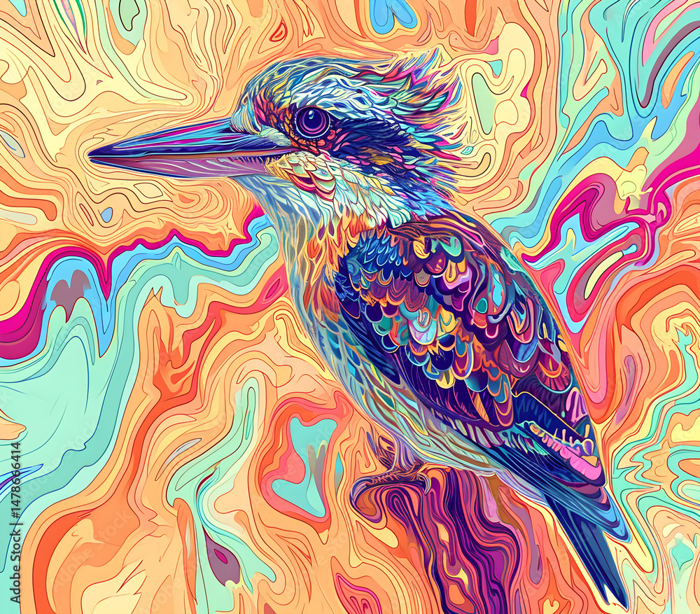 Obraz premium an abstract drawing of a kookaburra with colorful lines, precisionist lines, light red and indigo, colorful turbulence with mixed pattern colorful background