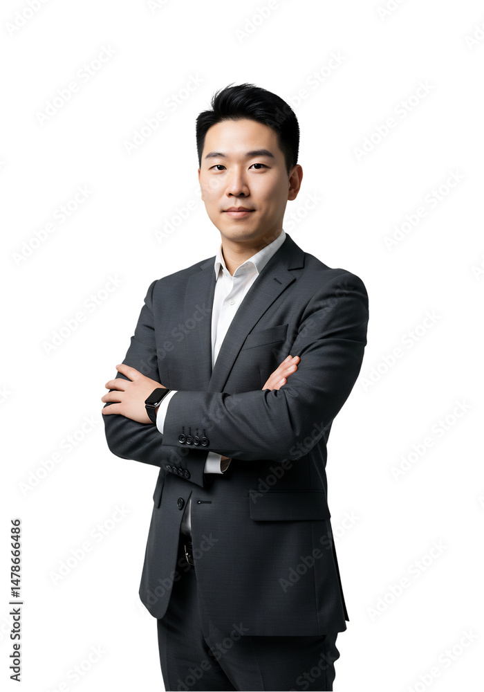 Headshot portrait of a smiling Asian businessman or employee wearing a dark suit, arms crossed. Confident and professional profile. Transparent background Headshot portrait of a smiling Asian businessman or employee wearing a dark suit, arms crossed. Confident and professional profile. Transparent background
