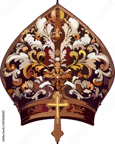 Luxurious Baroque Papal Mitre with Ornate Gold Cross and Flourish Design – High Detail Vector Illustration of Catholic Bishop Crown