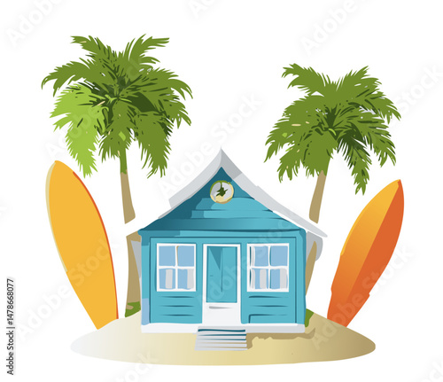 Tropical beach hut illustration with palm trees and surfboards, set on a sandy island with a seagull in the background — perfect for vacation, coastal lifestyle, and surf culture themes

