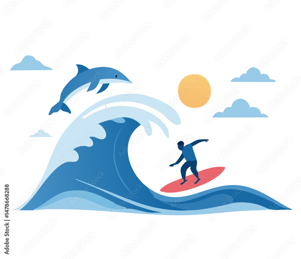 Obraz premium Minimal illustration of a surfer riding a giant ocean wave with birds and the sun in the sky, perfect for summer, surfing culture, adventure, and coastal lifestyle themes