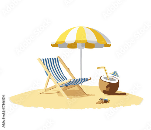Tropical Beach Scene with Umbrella, Deck Chair, and Coconut Drink

