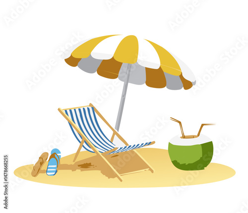 Tropical Beach Scene with Umbrella, Deck Chair, and Coconut Drink

