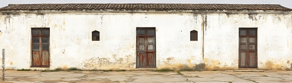 Fototapeta premium Exterior view of a weathered white building with aged brown doors and windows.