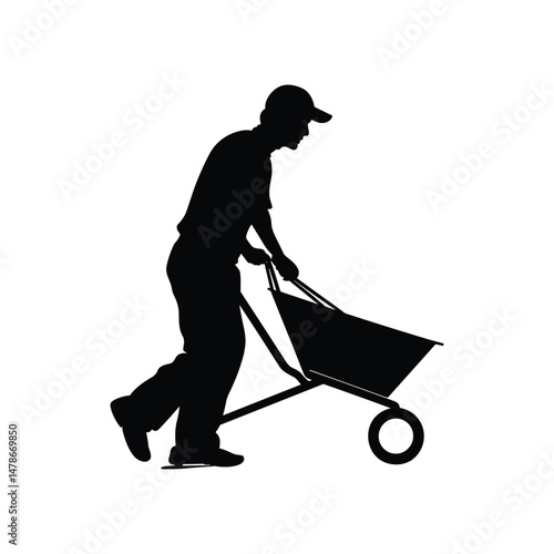 Worker pushing loaded wheelbarrow silhouette