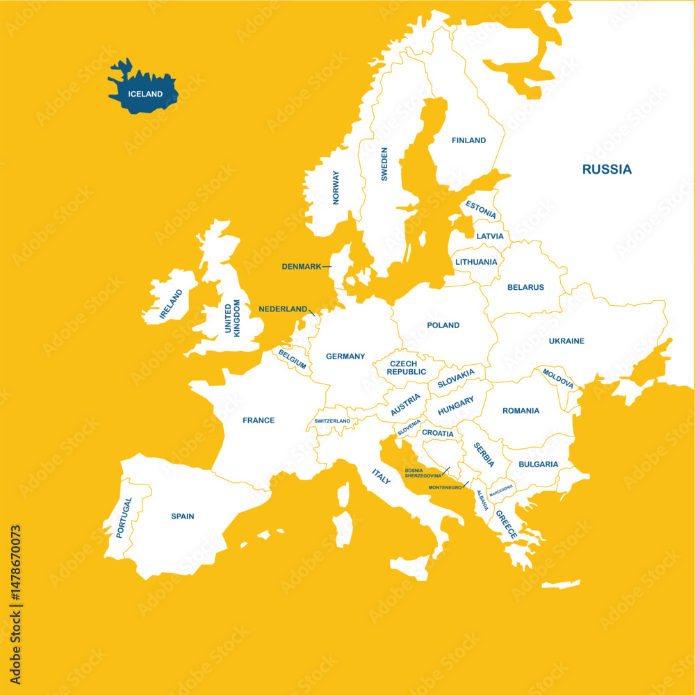 Obraz premium Iceland vector map, Europe, vector map silhouette illustration isolated on Europe map. Editable blank vector map of Europe. 