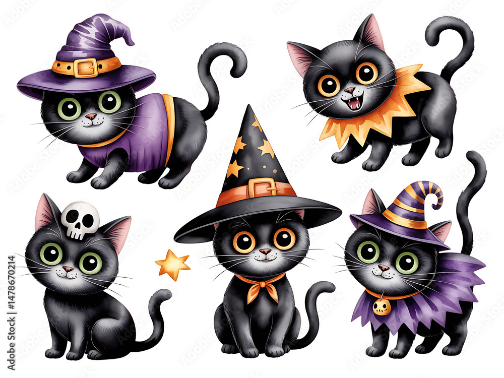 Obraz premium Adorable halloween black cats wearing witch hats costumes and accessories in a cartoon illustration