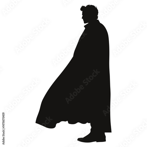 Superhero man in cape looking away silhouette
