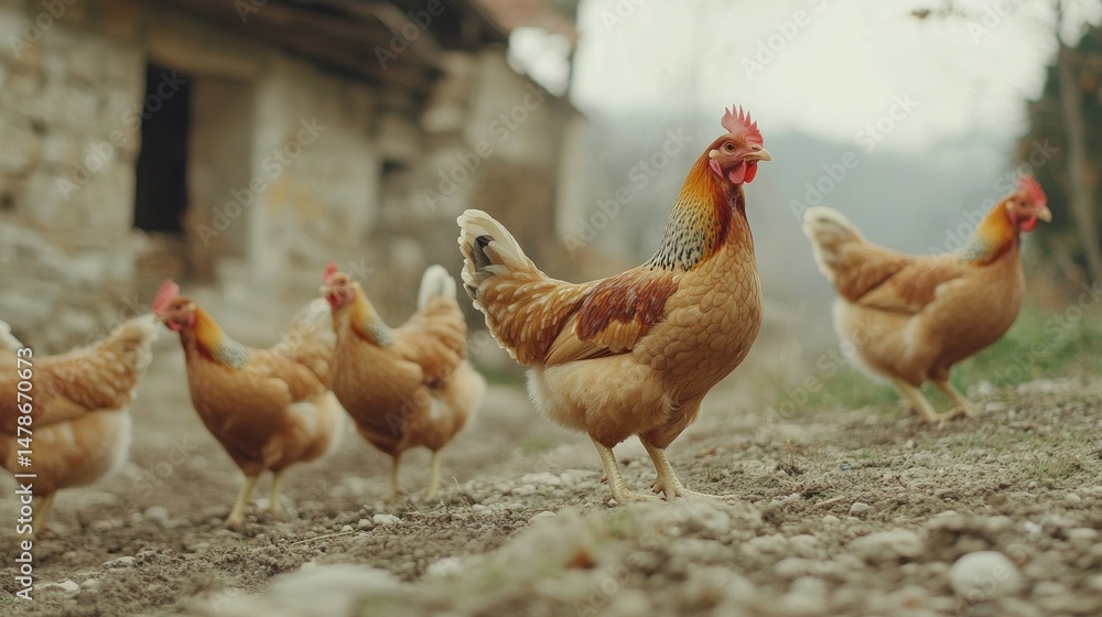 Fototapeta premium Group of chickens on a farm yard chicken eco farm, free range chickens and care of poultry, raising chickens