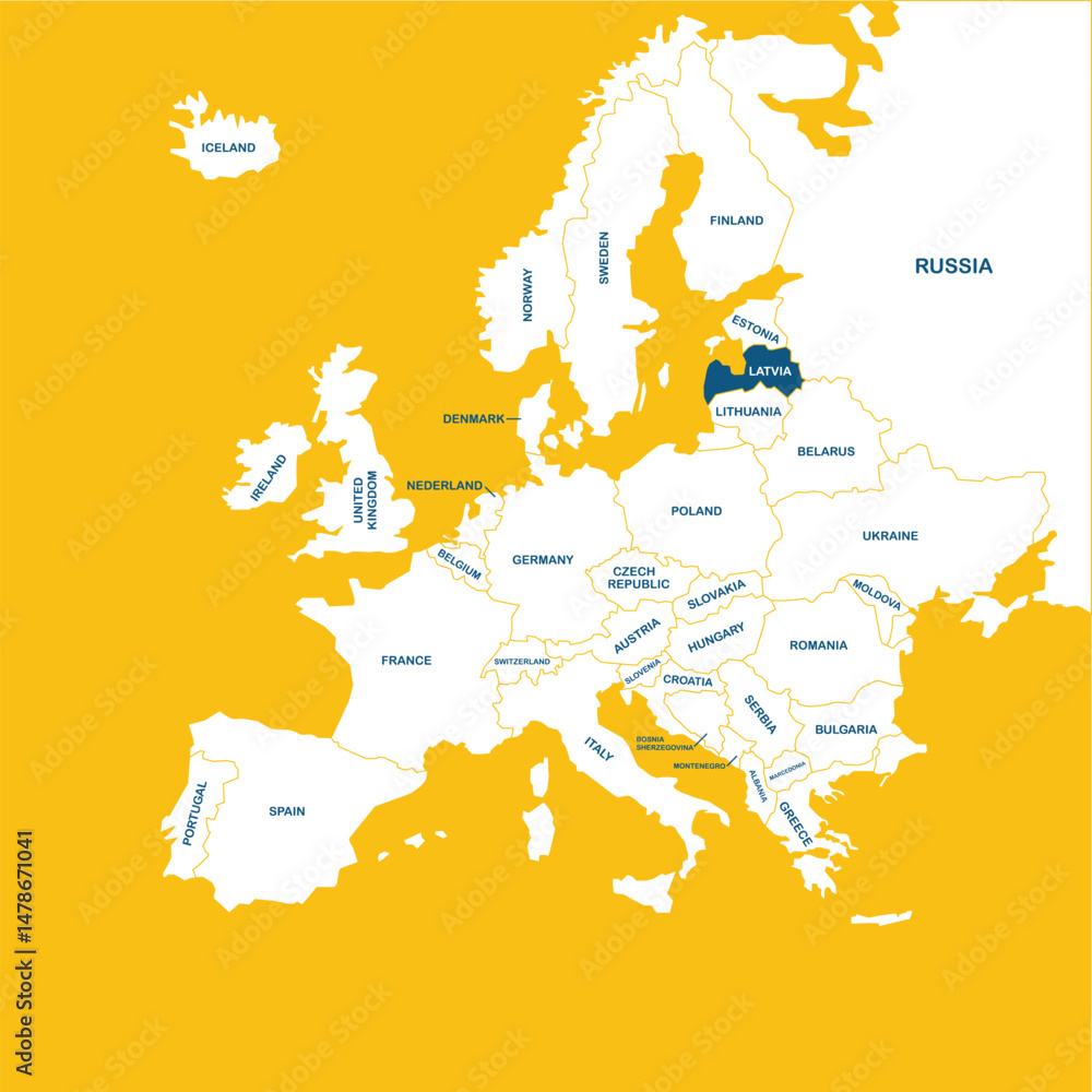 Fototapeta premium Latvia vector map, Europe, vector map silhouette illustration isolated on Europe map. Editable blank vector map of Europe.