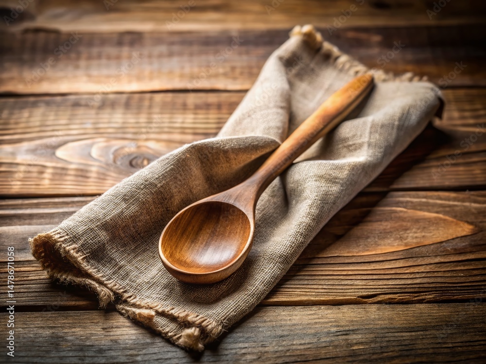 Rustic Wooden Spoon on Textured Napkin: Simple Kitchen Still Life Stock Photo Rustic Wooden Spoon on Textured Napkin: Simple Kitchen Still Life Stock Photo