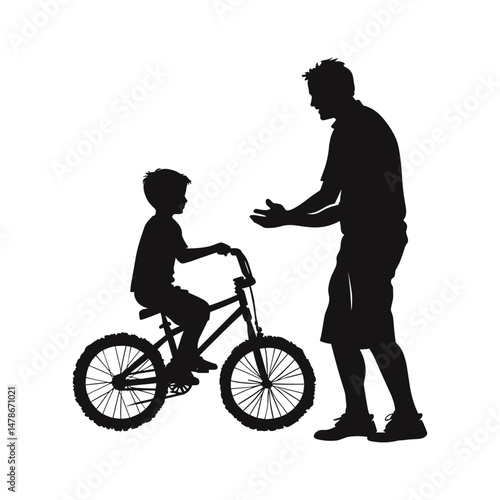 Father talking to child next to bicycle