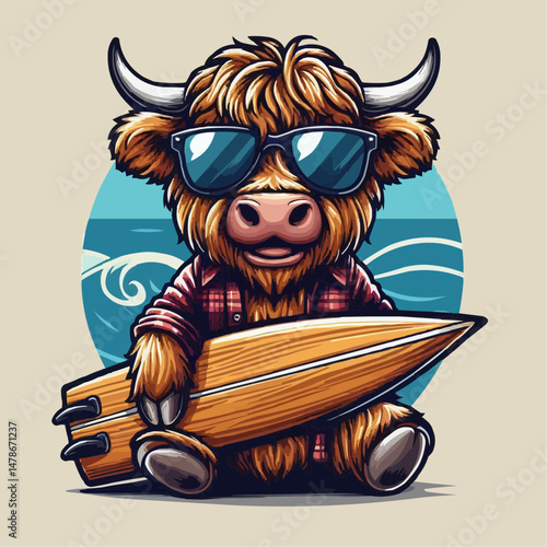 Summer design of a  highland cow with a surfboard 