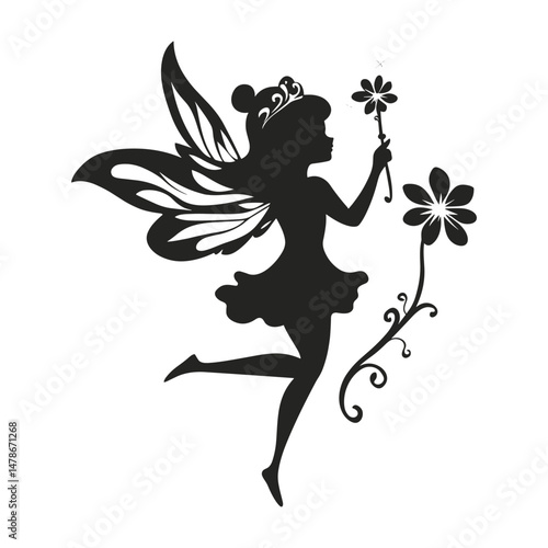 Fairy flying holding flower silhouette