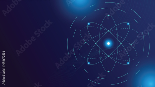 Abstract atom design with glowing particles and digital lines on a blue background perfect for science tech