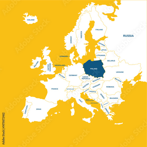 Poland vector map, Europe, vector map silhouette illustration isolated on Europe map. Editable blank vector map of Europe. 