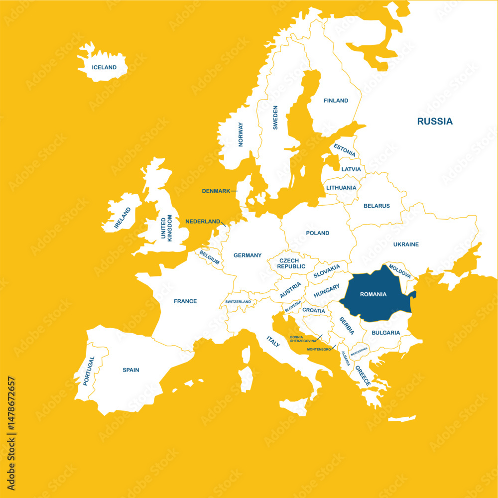 Fototapeta premium Romania vector map, Europe, vector map silhouette illustration isolated on Europe map. Editable blank vector map of Europe. 