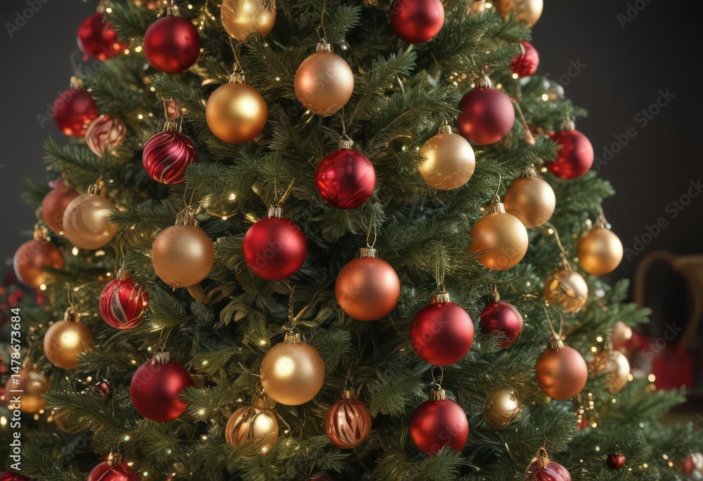 Fototapeta premium Vibrant baubles adorn a Christmas tree, encircled by soft, glowing lights , christmas tree, celebration