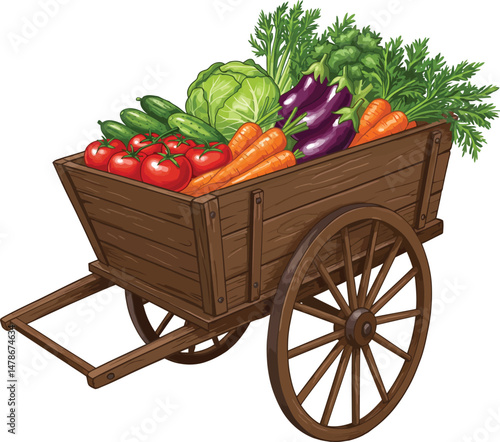 Freshly Harvested Vegetables in Wooden Cart - Isolated Produce Illustration