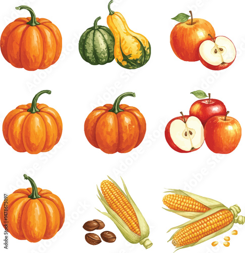 Watercolor Autumn Harvest Collection: Pumpkins, Apples, Corn, and Gourds