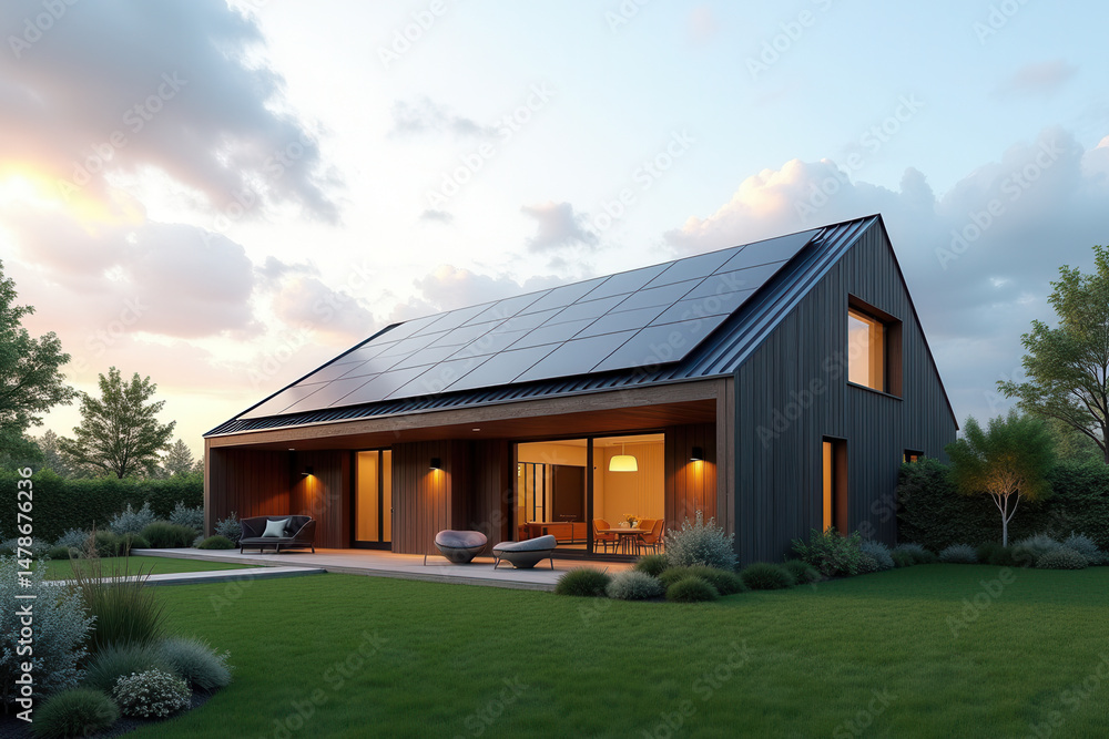 Fototapeta premium Modern Solar Powered House, Eco Friendly Sustainable Architecture, Clean Energy Living