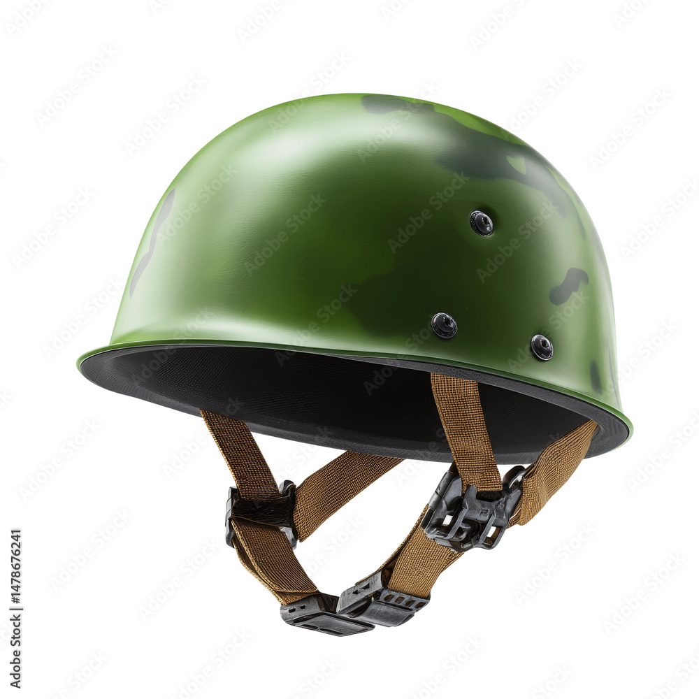 Fototapeta premium A military helmet with a green camouflage pattern. The helmet sits on a flat surface with its strap in focus.