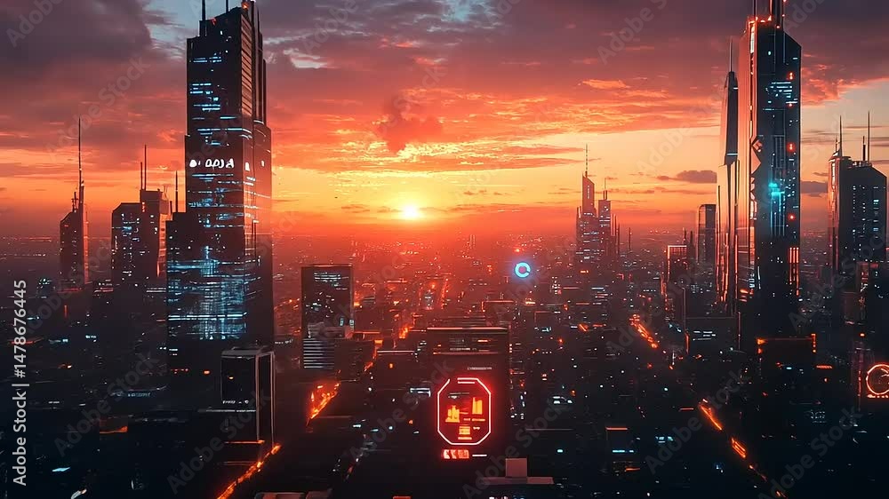 Futuristic Cityscape at Sunset with Neon Lights Futuristic Cityscape at Sunset with Neon Lights