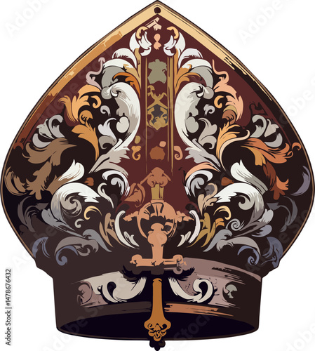 Baroque Papal Mitre with Ornamental Gold Cross and Intricate Scrollwork – High Detail Religious Vector Illustration