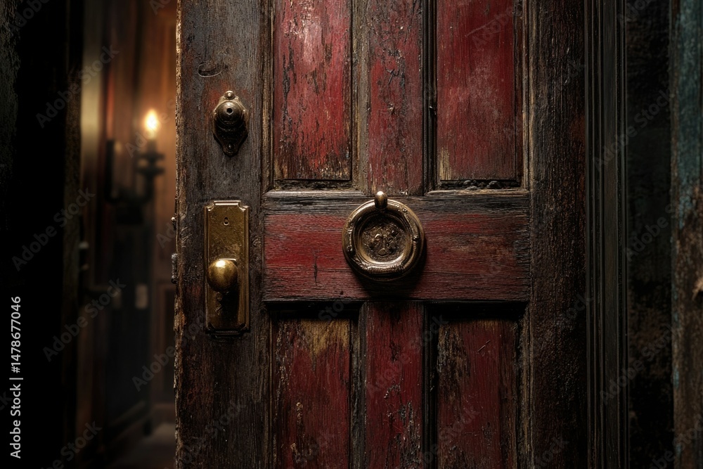 Fototapeta premium A weathered, antique door with brass hardware stands ajar, revealing a dimly lit hallway beyond.