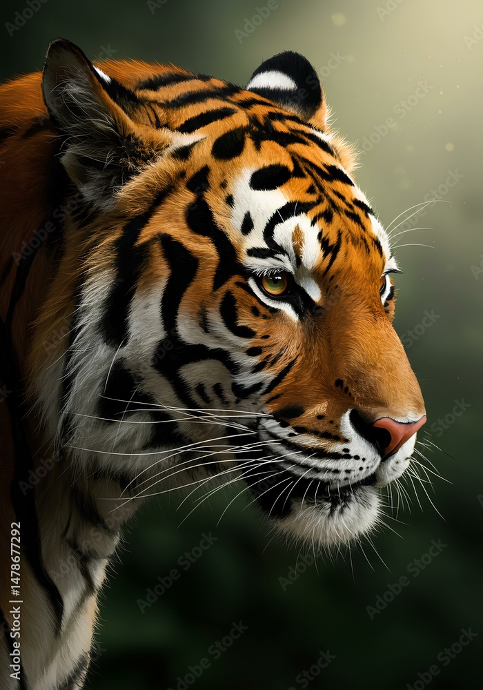 Fototapeta premium The Powerful Presence of a Predator: A Digitally Rendered Portrait Emphasizing the Tiger's Strength. 
