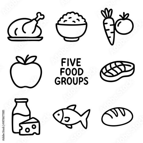 A set of doodle line icons representing the five main food groups including fruits, vegetables, grains, proteins, and dairy