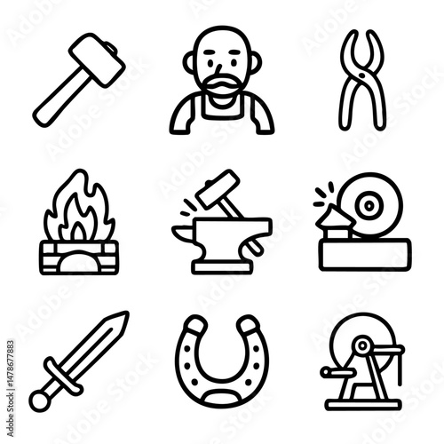 A set of doodle line icons featuring blacksmith tools, forge fire, anvil, grinding wheel, horseshoe, and sword