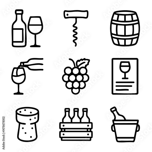 A set of doodle line icons featuring wine bottles, glasses, corkscrew, barrel, grapes, cork, and wine list for beverage or winery themes