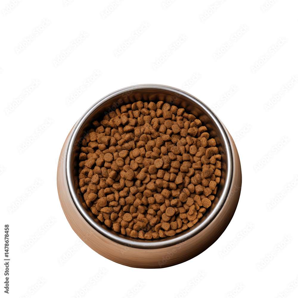 A bowl of dry pet food, ready for a furry friend's meal. The kibble is light brown, and the bowl is metallic A bowl of dry pet food, ready for a furry friend's meal. The kibble is light brown, and the bowl is metallic
