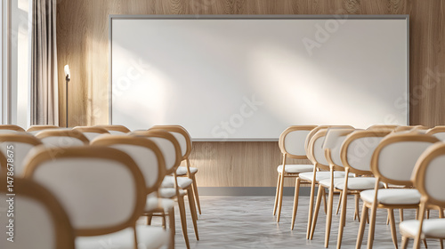 Classroom setup educational space photography modern environment soft focus rows of chairs facing whiteboard
