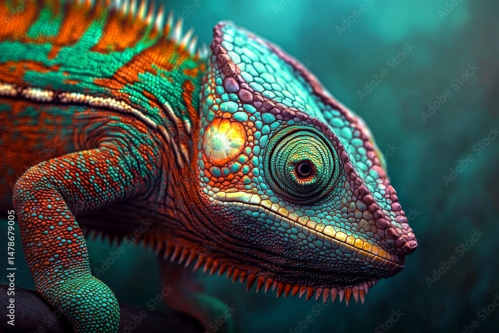 Obraz premium Intimate perspective of a green chameleon revealing its facial characteristics.