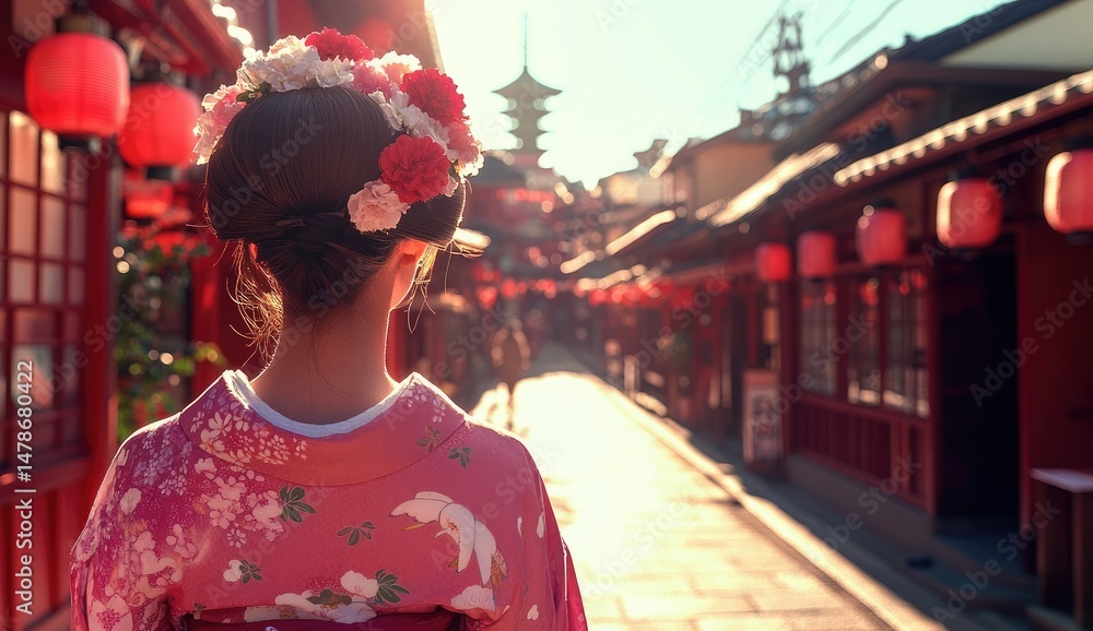 Fototapeta premium Woman in Kimono with Japan Street.