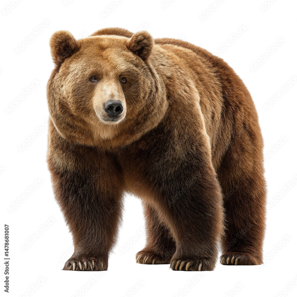 Fototapeta premium A large brown bear stands isolated against a black background looking forward
