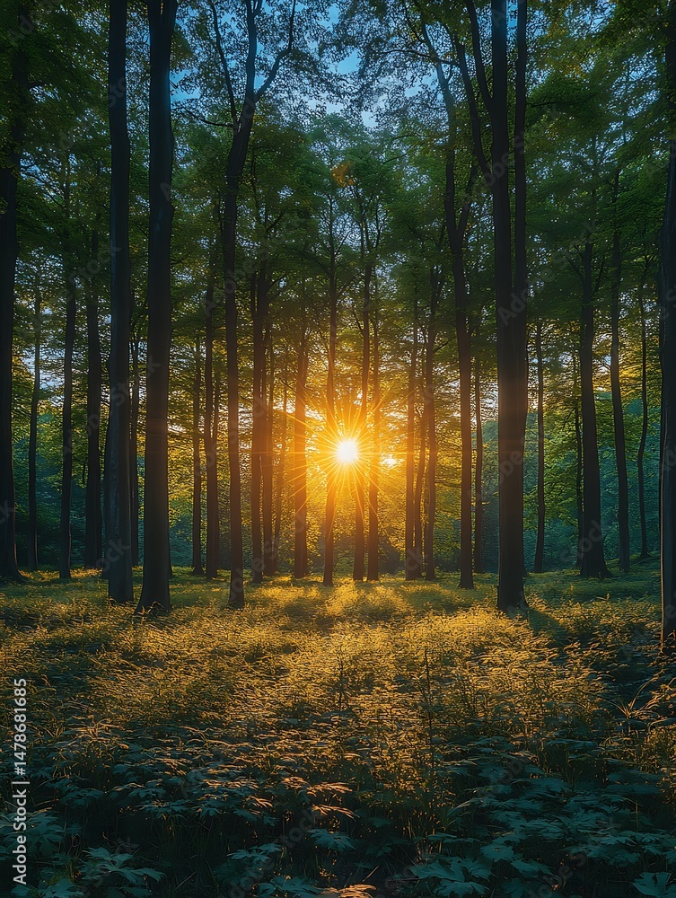 Obraz premium Sunlight streams through a dense forest