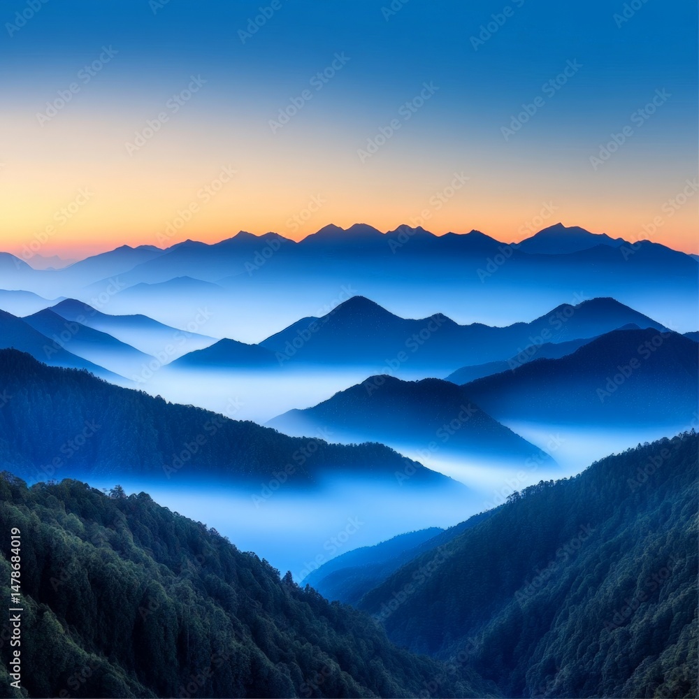 Fototapeta premium Serene Mountain Sunrise with Layers of Mist in the Background