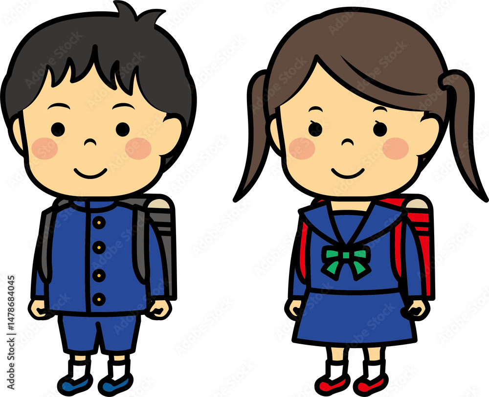 ランドセルを背負う小学生男女 ランドセルを背負う小学生男女