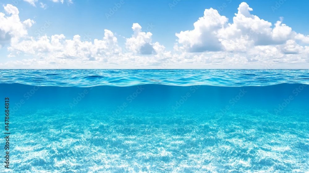 Fototapeta premium Serene Ocean Waters Under a Blue Sky with Fluffy White Clouds