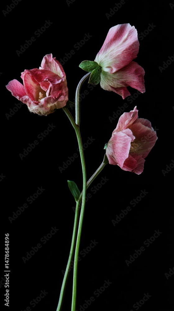 Three pink anemone flowers on black background studio shot botanical art still life floral arrangement delicate petals Three pink anemone flowers on black background studio shot botanical art still life floral arrangement delicate petals