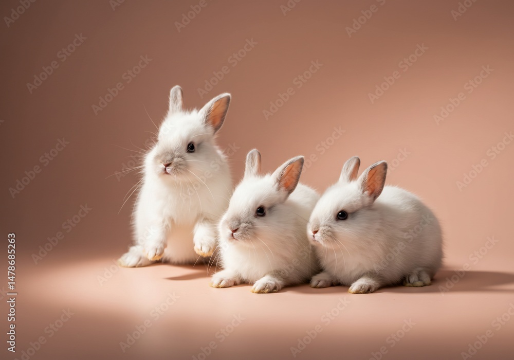 Obraz premium ふわふわ白ウサギ三匹 可愛く並ぶ 優しい背景